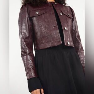 Tanya Taylor Burgundy Croc-Embossed Leather Jacket
